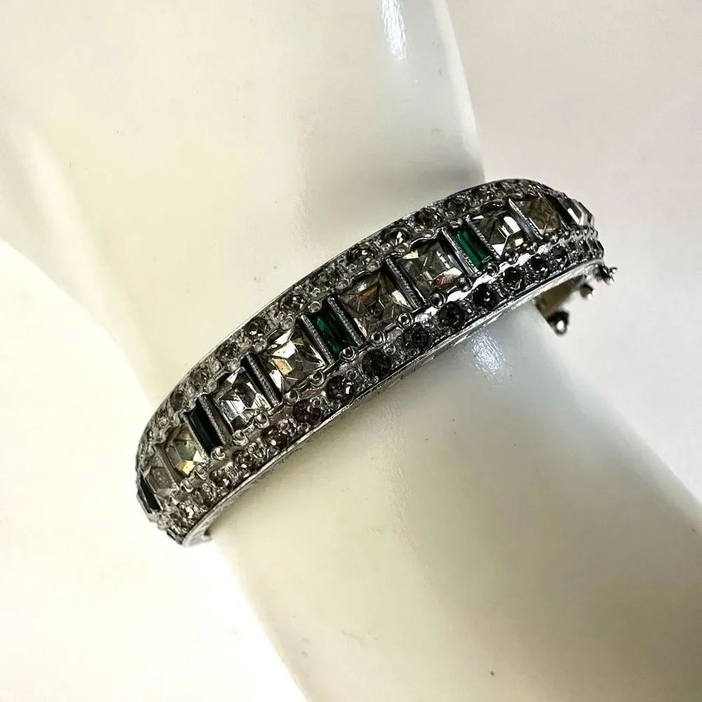 Allco silver green rhinestone bangle 
 hinged bracelet